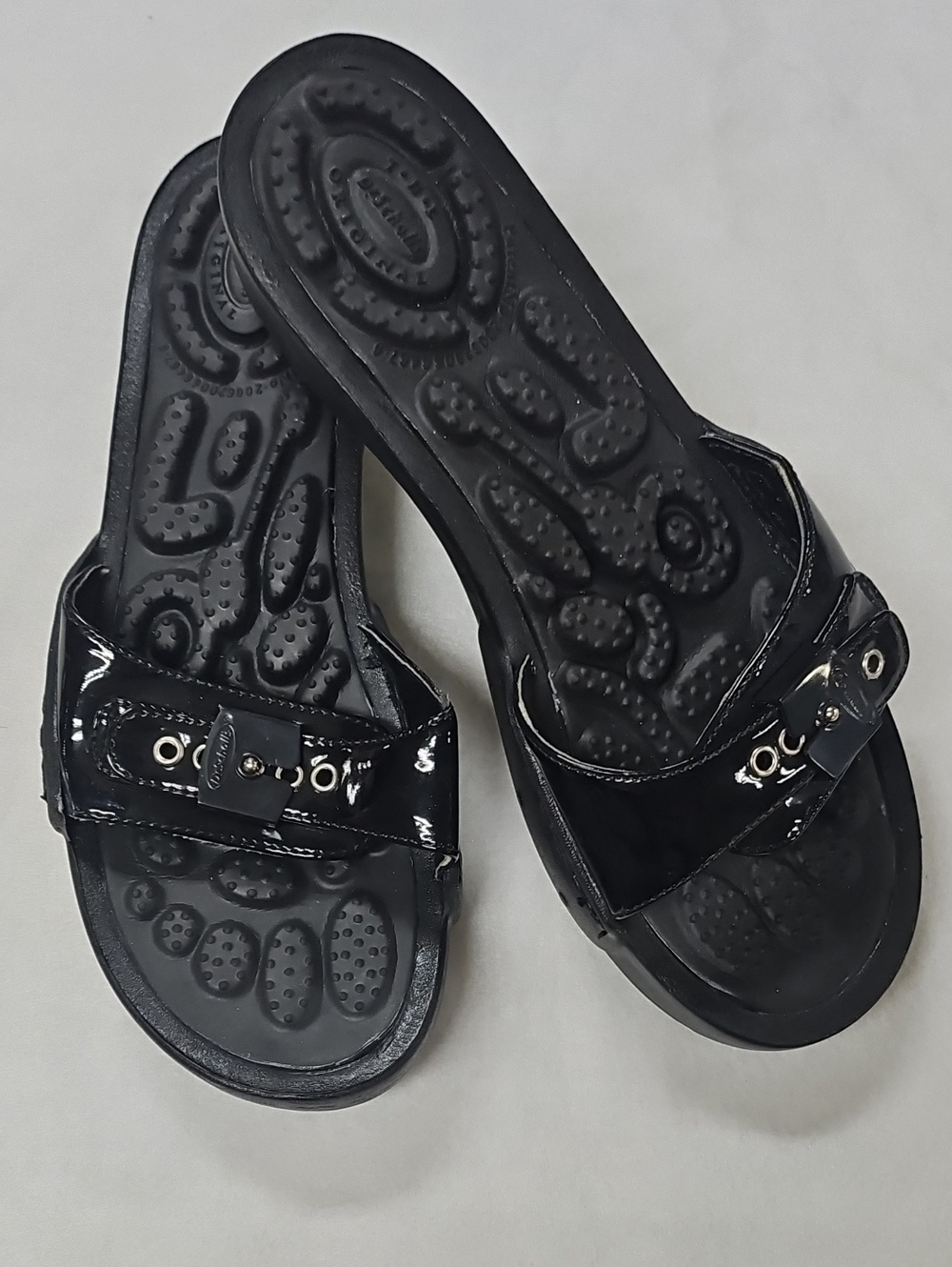 Dr. Scholl's Black Patent Slide Sandals with Decorative Eyelets